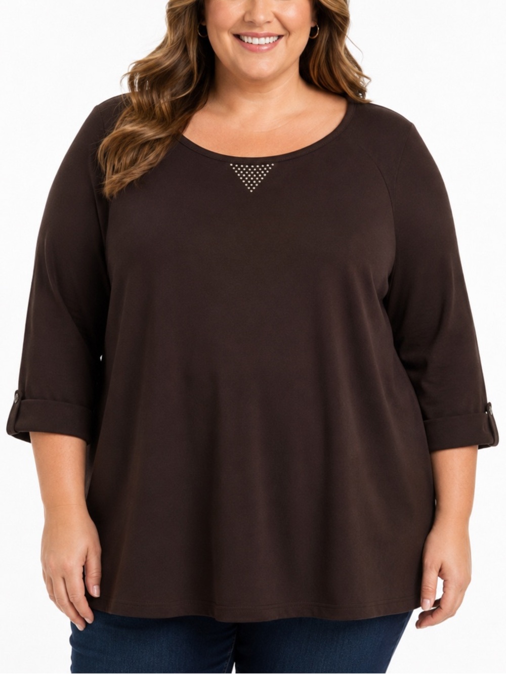 Quacker Factory 4X Brown Rhinestone Tunic Top Plus Size Boho Casual Cottagecore